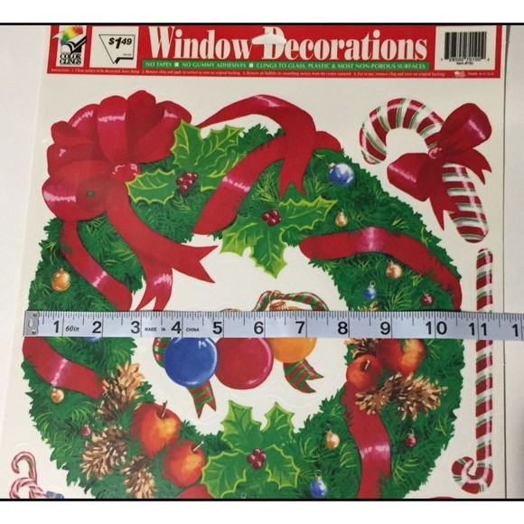 Vintage Christmas Window Clings 4 Sheets 33 pieces Ornaments Wreath Candy Cane - Picture 10 of 12